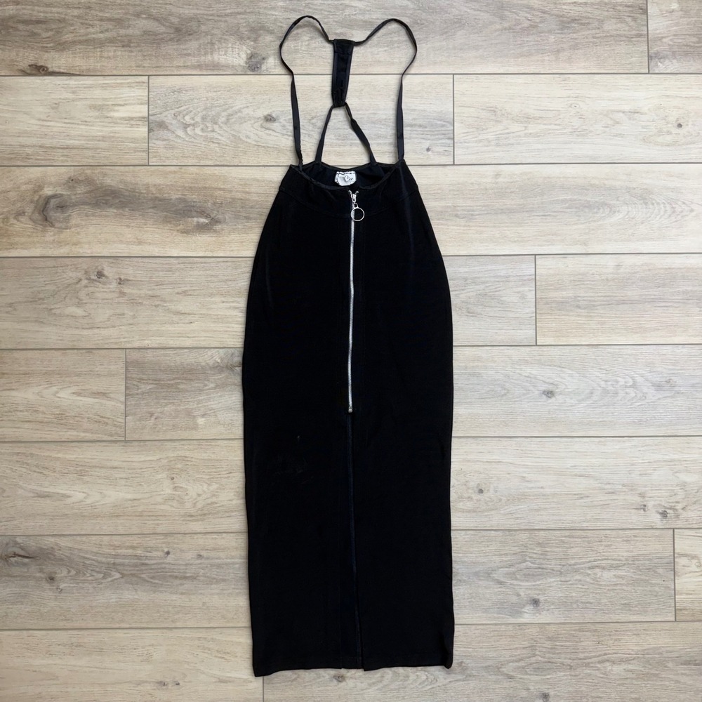 90's Vintage Black Suspenders Pencil Skirt Zipper Goth Grunge Slit Pia READ
